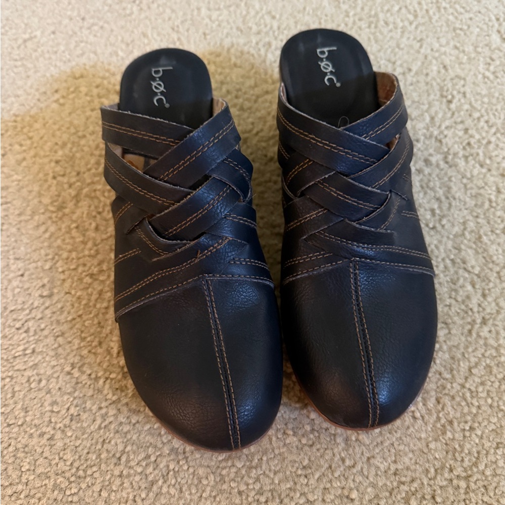 b.o.c. Black Leather Crisscross Mule Clogs